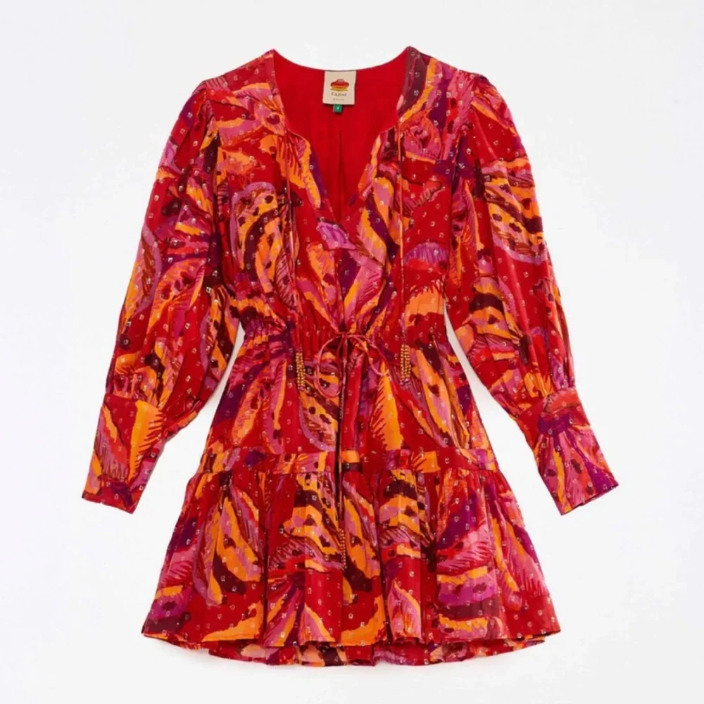 Farm Rio Red Banana Metallic Long Sleeve Mini Dress NWT M L - Picture 7 of 12